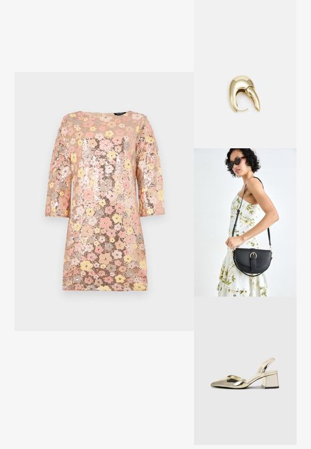 Rochie cu paiete, cu un model floral în nuanțe de roz, galben și auriu. Are mâneci trei sferturi și un decolteu rotund. Suprafață texturată.; Pantofi cu toc slingback metalici aurii, cu vârf ascuțit și toc chunky. Textură netedă, design minimalist și o curea subțire.; Geantă din piele neagră, cu o formă curbată, curea detașabilă și accesorii aurii. Geanta are un capac cu un detaliu tip cataramă.; Cercei din metal de culoare aurie cu un design elegant și curbat. Prezintă o formă distinctivă, ascuțită, o suprafață lustruită și un sistem de închidere cu balama.