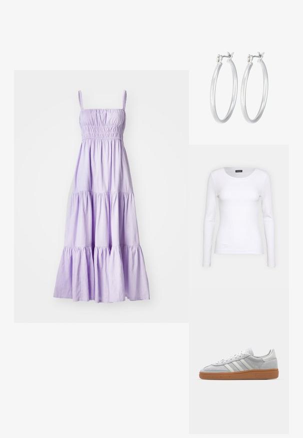 Lavendlivärvi puuvillane suvekleit, millel on spagetirihmad, kokku rütmitatud vahel ja kihiline volangäär. Kerge kangas, lõdva disainiga.; Valge soonikuline pikkade varrukatega pluus ümmarguse kaelusega. Valmistatud venivast kangast, mis kehale siledalt ümber läheb. Omab peeneid horisontaalseid jooni.; Heledad hallhall kreemikas nähtav dress särk valgete nahka elementidega, kolm valget triipu ja pruun kummikreen, millel on mugavuse tagamiseks pehmendusega kaelus.; Hõbedased rõngaskõrvarõngad, millel on sile, läikiv viimistlus. Ümmargune kuju ja turvaline klõpsulatus. Kerge disain, sobib igapäevaseks kandmiseks.