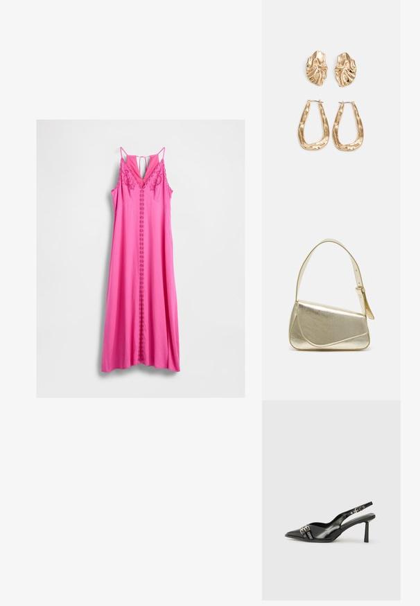 Ružičasta maksi haljina bez rukava s čipkastim detaljima, cvjetnim vezom na tijelu, tankim trakama i otvorom s mašnom na leđima.; Crna lakirana slingback cipela s izduženim vrhom, remenčićima oko gležnja s srebrnim kopčama i dijelovima, te vitkim potplatom.; Zlatna metalna torba s uređenim dizajnom, glatkom teksturom i podesivim remenom. Ima jedinstven trokutasti oblik i minimalističko šivanje.; Naušnice zlatne boje s teksturiranim, valovitim oblicima. Uključuju skulpturalne kopče i dizajn otvorene kružnice s kovanom završnom obradom.