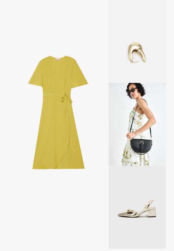 Gul omslagskjole med korte ermer, belte i livet og flowy nederkant. Laget av et mykt, teksturert stoff.; Gull, metallisk slingback-hæler med spiss tå og chunky hæl. Glatt tekstur, minimalistisk design og en smal stropp.; Svart lærveske med en buet form, avtagbar stropp og gullbeslag. Vesken har et klaff med spenne-detall.; Gullfarget metalløredobber med et elegant, buet design. Har en karakteristisk spiss form, polert overflate og hengsel-lukking.