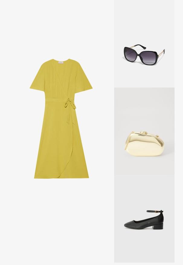 Vestido amarelo envolvente com mangas curtas, cinto atado à cintura e bainha fluida. Feito de um tecido suave e texturizado.; Sandal de pele preta com bico pontiagudo e um salto bloco baixo. Apresenta uma tira no tornozelo com uma fivela em tom dourado. Textura suave.; Óculos de sol oversized pretos com lentes degradê, armações grossas e detalhes em corrente dourada nas hastes.; Clutch metálico dourado com uma forma suave e arredondada, apresentando um fecho de botão superior e uma pequena alça em corrente para transporte.