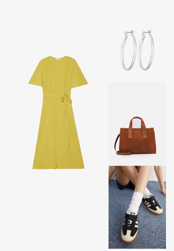 Dzeltena apģērba kleita ar īsām piedurknēm, saitēm viduklī un plūstošu apakšmalu. Izgatavota no mīksta, strukturēta auduma.; Melnbalti sporta apavi ar zamšiem un ādas virsu, kuriem ir trīs baltas svītras un gumijas zole. Pāris valkāts ar baltām zeķēm.; Brūnas zamšādas rokassoma ar divām augšējām rokturiem un regulējamu plecu siksnu. Ievēro strukturētu formu un minimālistisku dizainu.; Sudraba riņķveida auss gredzeni ar gludu, pulētu apdari. Apaļa forma un drošs klikšķa augšējais slēgums. Viegls dizains, kas piemērots ikdienas valkāšanai.