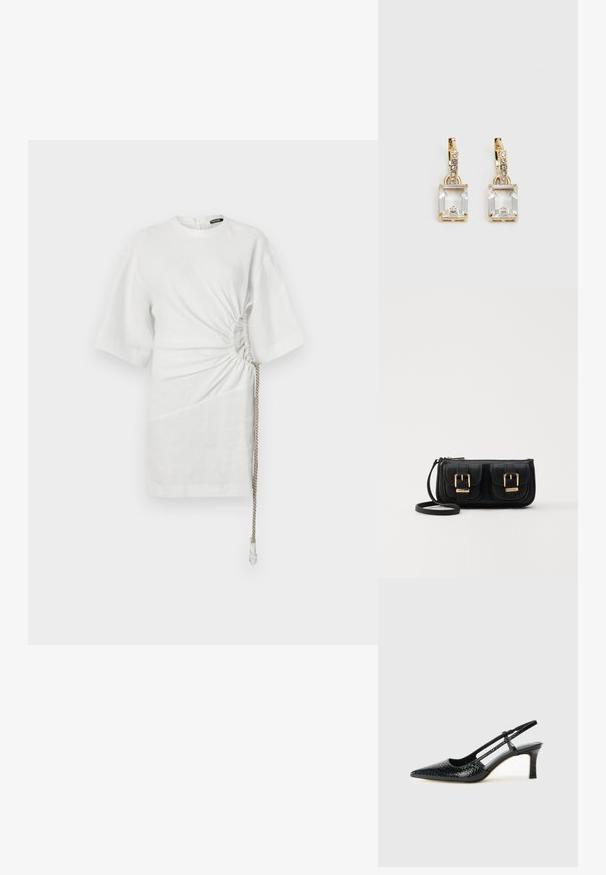 Chemise en lin blanche à manches courtes, avec des côtés froncés et un détail de cordon au bas pour un ajustement réglable.; Escarpin slingback en vernis noir avec un bout pointu, présentant un imprimé serpent texturé, une sangle réglable et un petit talon bloc texturé.; Sac en cuir noir porté en travers avec deux poches avant, boucles dorées, fermeture zippée et une sangle fine. Surface texturée et forme rectangulaire compacte.; Boucles d'oreilles en or lumineux avec un cristal rectangulaire transparent pendent sous une rangée de petits accents ronds transparents. Design élégant et moderne.
