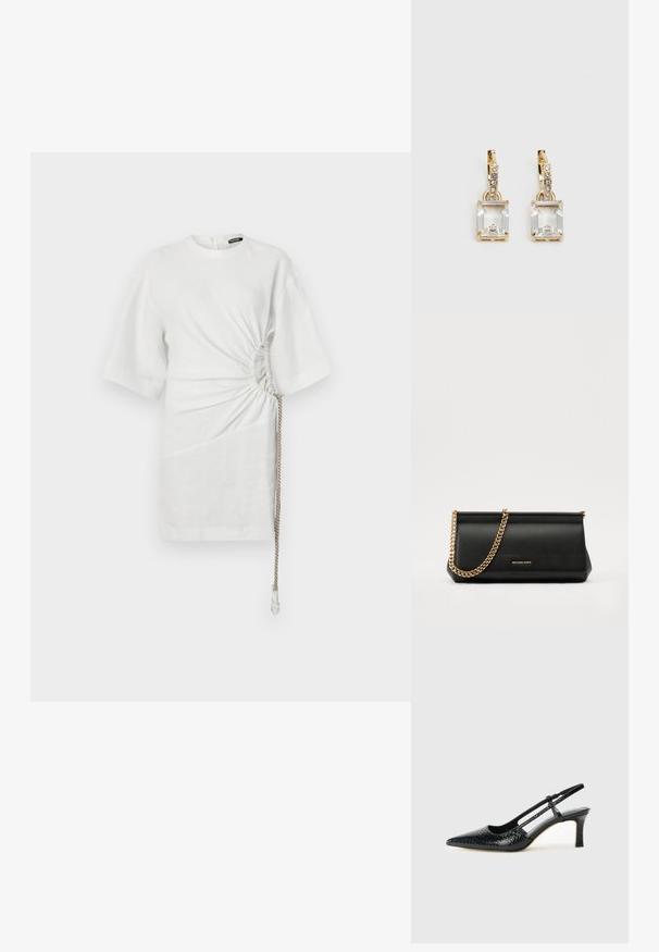 Fehér vászon ing rövid ujjakkal, gyűrt oldalakkal és állítható derékkal ellátott húzózsinórral az ideális illeszkedés érdekében.; Fekete lakk slingback sarok, hegyes orral, texturált kígyómintával, állítható pánttal és rövid, texturált tömbsarkal.; Fekete bőr kisméretű táska arany lánccal, sima felülettel, téglalap alakú, és dombornyomott márkázással az elején.; Aranyszínű fülbevalók, melyek egy téglalap alakú, tiszta kristállyal díszítették, ami egy sor kis, kerek, tiszta kiegészítő alatt lóg. Letisztult, modern dizájn.