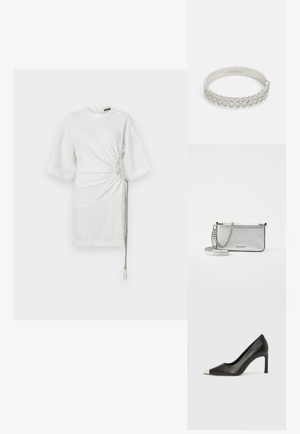 White linen shirt with short sleeves, featuring gathered sides and a drawstring detail at the hem for adjustable fit.; Black leather high heel shoe with a pointed toe and a metallic silver cap. Features a smooth finish and a slender 10 cm heel.; Silver leather crossbody bag with a textured finish, chain and strap accents, and a zipper closure. Features a logo on the front.; Silver bangle featuring a row of round, clear crystals with a textured pattern, smooth inner surface, and a clasp closure.