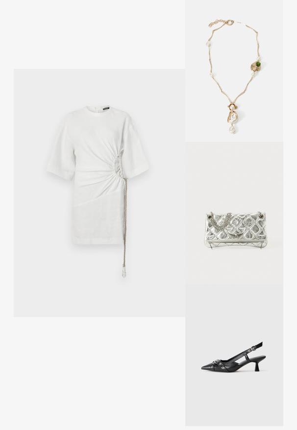 Weißes Leinenhemd mit kurzen Ärmeln, das an den Seiten gerafft und am Saum mit einem Kordelzug für eine verstellbare Passform versehen ist.; Schwarzer Leder-Slingback-Schuh mit spitz zulaufender Zehenpartie, dekorativen Riemen mit METALLÖSEN und niedrigem Blockabsatz. Strukturelle Oberfläche.; Silberne metallische Handtasche mit Kettenhenkel, gestepptem Muster, dekorativer Naht und Reißverschluss. Verfügt über geprägte Akzente auf der Vorderseite.; Halskette in Goldton mit verdrehten Gliedern, weißen Perlen und einem grünen Steinelement. Verfügt über filigrane Details und einen Verschluss zum Schließen.