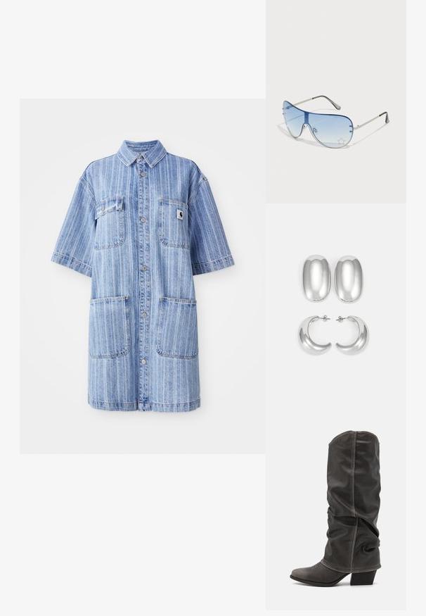 Heledadine särk sinises toonis, millel on vertikaalsed triibud, lühikesed varrukad, kaks rinnaTaskut ning väike logopatch. Ees nupuga kinni.; Hallid hall nahk-saapad, mis ulatuvad säärtesse ja millel on lohkuv disain, terav nina ja kihiline konts. Tähelepanuväärne õmblemise detail varvaste piirkonnas.; Aviatori prillid, millel on gradient sinine objektiiv, hõbedane metallraam ja dekoratiivsed staaraktsendid objektiivil. Sujuv ja stiilne disain.; Hõbedast kõrvarõngaste komplekt: kaks ovaalset kinnitust ja kaks poolkuu kujulist rippuvat kõrvarõngast, millel on läikiv ja sujuv viimistlus ning ümar disain.