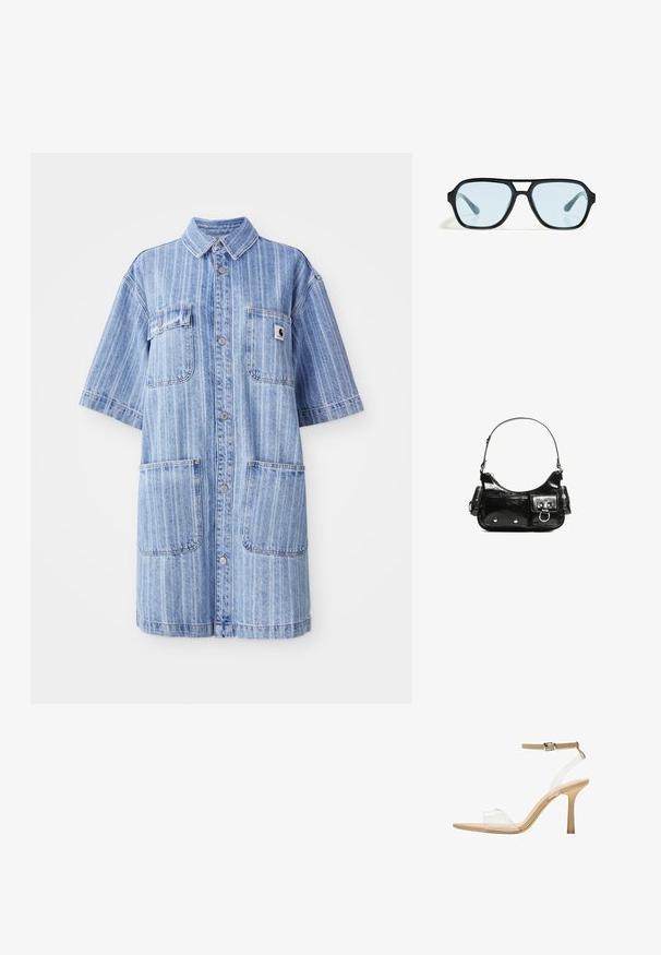 Valkoinen farkkutunikkamekko vaaleansinisellä pohjalla, jossa on pystysuorat raidat, lyhyet hihat, kaksi rintataskua ja pieni logopatch. Napitus edessä.; Kirkas korkokenkä läpinäkyvällä varrella, beigellä pohjalla ja hoikalla nilkkahihnalla. Ominaisuuksiin kuuluu terävä kärki ja ohut korkea korko.; Mustat aurinkolasit suorakaiteen muotoisilla kehyksillä, sinisävyisillä linsseillä ja erottuvalla siltarakenteella. Tyylikäs pinta, huomaamaton rakenne.; Mustekko mustasta kiiltonahasta valmistettu käsilaukku, jossa on kaareva muoto, yksi olkahihna, etutaskut ja hopeanväriset yksityiskohdat.