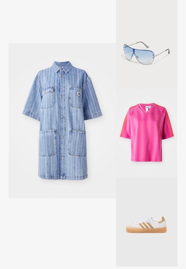 Denimová košilová šaty v světlé modré barvě s vertikálními pruhy, krátkými rukávy, dvěma náprsními kapsami a malou nášivkou s logem. Zapínání na knoflíky vpředu.; Růžové sportovní triko s krátkým rukávem a výstřihem do V, s vertikálními pruhy a oranžovými akcenty na ramenou. Zlaté logo na hrudi.; Bílé tenisky s béžovými akcenty, obsahující tři pruhy, zaoblenou špičku a průhlednou gumovou podrážku. Hladká kůže a textilní materiály.; Pilotské sluneční brýle s modrými gradientními skly, stříbrným kovovým rámem a dekorativními hvězdnými akcenty na sklech. Hladký a elegantní design.