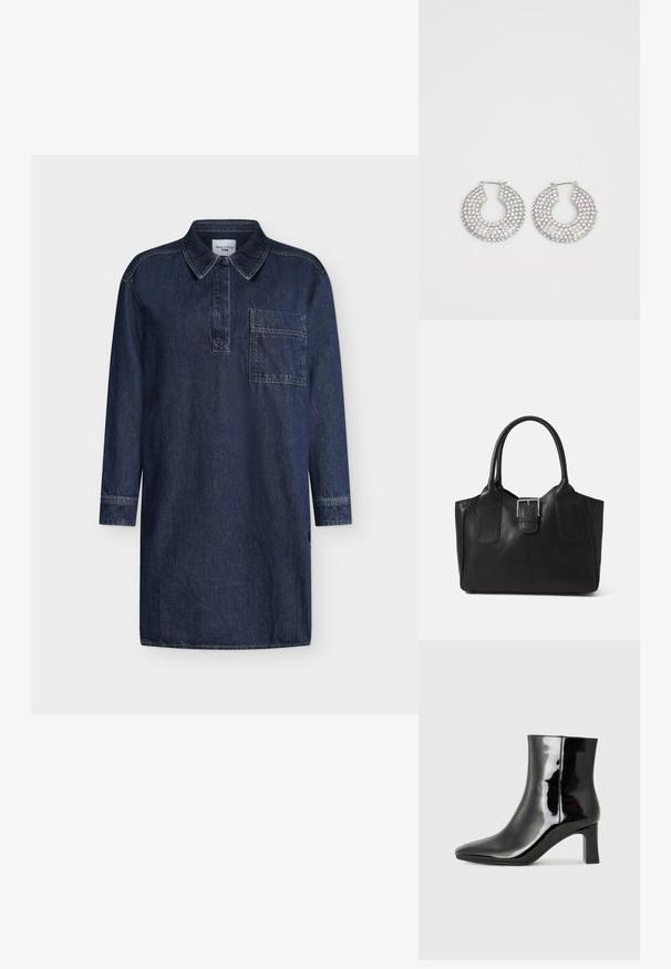 Tamsiai mėlyna džinsinė suknelė, turinti apykaklės tipo iškirptę, ilgomis rankovėmis ir krūtinės kišenę. Audinys yra lygus, matosi siūlės.; Juodos lakuotos odinės aulinukės su smailiu pirštu ir vidutinio aukščio blokuotu kulnu. Lygus paviršius ir minimalistinis dizainas.; Juodas odinis nešiojamas krepšys su lygiu paviršiumi, struktūrine forma, dviem rankenėlėmis ir ryškiu sidabriniu sagties akcentu priekyje.; Sidabrinės auskarų žiedai, papuošti daugybe skaidrių kristalų akcentų, su tekstūruota paviršiumi ir atviru apvaliu dizainu.