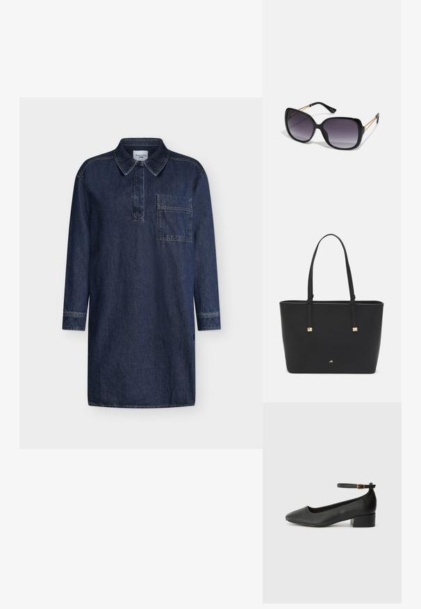 Traper haljina tamnoplave boje, s ovratnikom, dugim rukavima i džepom na prsima. Tkanina je glatke teksture s vidljivim šavovima.; Crne kožne pumpe s oštrim vrhom i niskom blok petom. Sadrže remen oko gležnja s zlatnim kopčanjem. Glatka tekstura.; Crne prevelike sunčane naočale s gradijentnim lećama, debelim okvirom i zlatnim lancem kao detaljem na krakovima.; Crna torba od sintetičkog materijala, s jednostavnim pravokutnim dizajnom, zlatnim kvadratnim detaljima i dvostrukim ručkama.