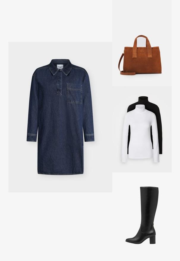 Denim dress in dark blue, featuring a collared neckline, long sleeves, and a chest pocket. The fabric has a smooth texture with visible stitching.; Two long-sleeve turtleneck tops, one white and one black, made of a smooth, stretchy fabric, both featuring slim-fitting design and high collars.; Black knee-high boots made of smooth leather. They feature a tapered toe, block heel, and elastic side panels for ease of wear.; Brown suede handbag with two top handles and an adjustable shoulder strap. Features a structured shape and minimalistic design.