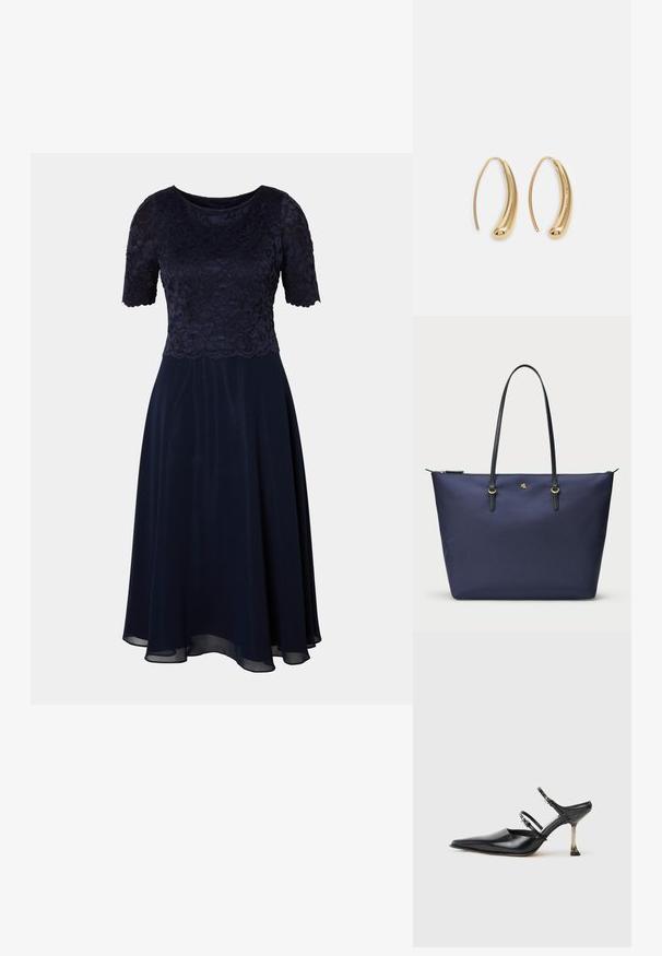 Tengerészkék ruha csipkebodróval, rövid ujjal és folyós szoknyával. Simaság és térd alatti szegés, finom fényességgel.; Fekete bőr, hegyes orrú, pántos szandál, két állítható pánttal és fémből készült sarokkal. Simas texture és minimalista dizájn jellemzi.; Tengerészeti kék vászontáska strukturált anyagból, fekete bőr fogantyúkkal és arany színű fém kiegészítőkkel. Cipzáras záródás a tetején.; Aranyszínű fémből készült karika fülbevalók ívelt, hosszúkás formával. Simaságával és fényes felületével, valamint lekerekített végével további részletekkel bővül.
