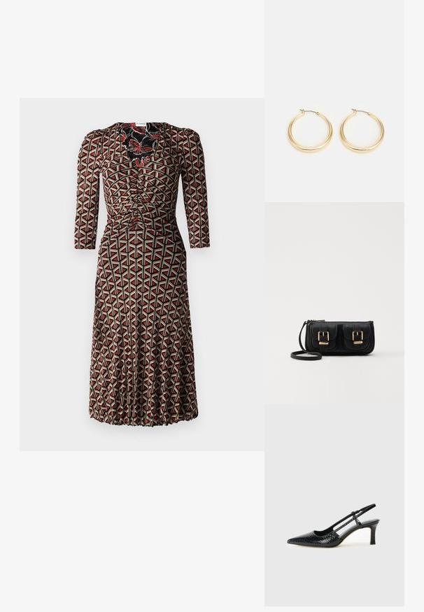 Diane von Furstenberg IVAN DRESS - Freizeitkleid - flutterfly/stadium; Schwarze Lack-Slingback-Pumps mit spitzem Zehenbereich, versehen mit strukturiertem Schlangenprint, verstellbarem Riemen und einem kurzen, strukturierten Blockabsatz.; Schwarze Leder-Umhängetasche mit zwei vorderen Taschen, goldenen Schnallen, Reißverschluss und einem schmalen Tragegurt. Texturierte Oberfläche und kompakte rechteckige Form.; Goldfarbene Creolen mit einem glatten, abgerundeten Design, ausgestattet mit einem dünnen Drahtverschluss und einer polierten Oberfläche für ein glänzendes Erscheinungsbild.