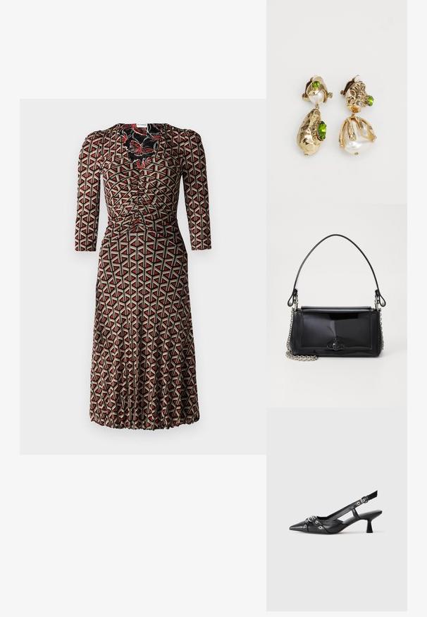 Diane von Furstenberg IVAN DRESS - Day dress - flutterfly/stadium; Black leather slingback shoe with a pointed toe, decorative straps featuring metal eyelets, and a low block heel. Textured surface.; Black patent leather handbag with a rectangular shape, chain strap, and a distinctive hardware accent in the center. Smooth texture.; Gold-tone earrings feature irregular textured shapes, adorned with green gemstones and white pearls, secured with clip-on fasteners.