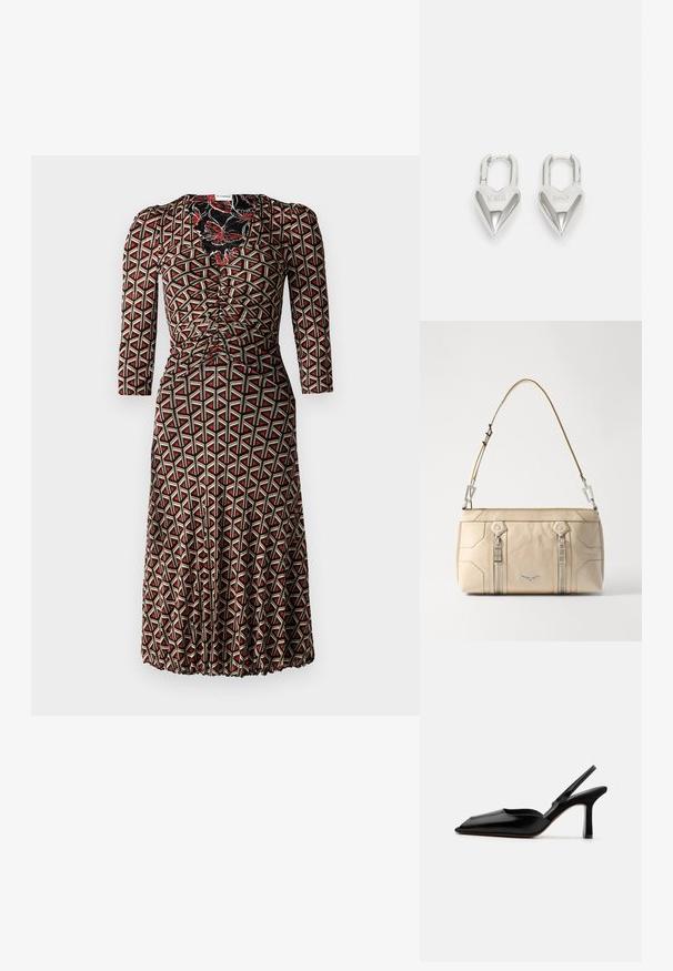Diane von Furstenberg IVAN DRESS - Hverdagskjole - flutterfly/stadium; Sort læder slingback hæl med spids tå, minimalistisk design, tynd ankelrem og en slank stiletto hæl. Glat tekstur.; Beige lædertaske med sølvhardware, to sidelommer med lynlås, struktureret design og en aftagelig rem for alsidighed.; Sølv hjerteformede hængelåse med indgraveret "JA" og "NEJ" tekst, poleret finish, symmetrisk design og en robust metalklap.