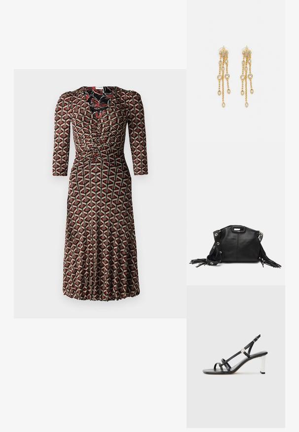 Diane von Furstenberg IVAN DRESS - Päevakleit - flutterfly/stadium; Mustad musta värvi kontsaga sandaalid mitme kitsaste rihmaga, slingback disainiga ja hõbedase aktsendiga kontsal. Sile ülemine materjal ja kvartskonts.; Maje MISS MINI - Ülerinna-kott - noir; Kuldne tooni kõrvarõngad mitme voolava ahelaga, millel on selged ovaalsed rhinestone aktsendid ja dekoratiivsed stud-tippud.