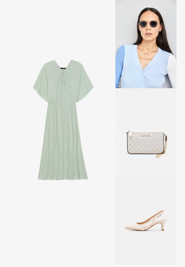 Rochie maxi verde mentă cu mâneci scurte și largi, decolteu cu șnur și fustă plisată. Material moale cu o siluetă fluidă.; Sandaie cu toc alb, cu vârful ascuțit, material superior neted, toc mic tip bloc și design cu decupaj lateral, cu curea ajustabilă.; Ochelari de soare rotunzi cu lentile întunecate și rame aurii. Modelul poartă un cardigan ribbed de culoare albastru deschis cu nasturi și mâneci albe în contrast.; Clutch Michael Kors din canva acoperit bej, cu un model repetitiv al logo-ului MK, accesorii din aur și o curea cu lanț detașabil.