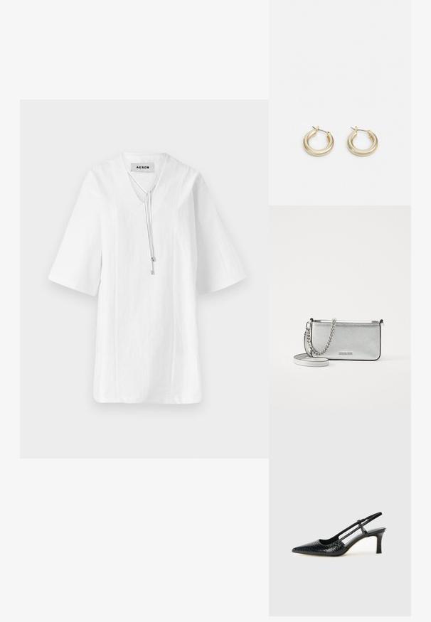 Vit linne tunika med V-ringning och korta ärmar. Har en dragskoaccent vid halsen och sömmar längs kroppen.; Svart lackskin slingback-häl med spetsig tå, med texturerad ormskinnsprint, justerbar rem och en kort, texturerad blockklack.; Sömlös crossbody-väska i silverläder med texturerad yta, kedje- och remaccent och dragkedjestängning. Har en logotyp på framsidan.; Lauren Ralph Lauren BASIC SMALL HOOP - Örhänge - gold-coloured