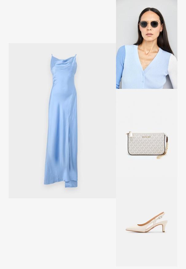 Robe maxi en satin bleu avec un col drapé, des bretelles fines et une fente sur le côté, présentant une texture lisse et une silhouette fluide.; Talons aiguilles blanches à bride arrière avec un bout pointu, un dessus lisse, un petit talon carré et un design avec découpes latérales et sangle réglable.; Lunettes de soleil rondes avec verres sombres et monture en or. Le modèle porte un cardigan à côtes bleu clair avec des boutons et des manches blanches contrastantes.; Porte-monnaie Michael Kors en toile enduite beige avec un motif répété de logo MK, des accessoires en or et une bandoulière en chaîne amovible.