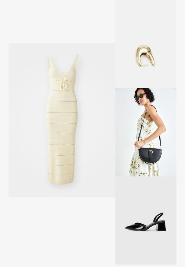 Neule midi-mekko vaalean kermanvärisessä, istuvassa designissa, V-pääntiellä, säädettävällä nauhalla vyötäröllä ja vaakasuorilla raidallisilla yksityiskohdilla.; Mustat patentoitu nahkakengät, joissa on säären takaosa ja terävä kärki, sekä geometrinen palikkakorko. Sisältää tyylikkään, minimalistisen muotoilun ja sileän pinnan.; Musta nahkainen käsilaukku, joka on kaareva muotoilultaan, irrotettavalla hihnalla ja kultaisilla yksityiskohdilla. Laukussa on läppä, jossa on solk yksityiskohta.; Kultahipuinen korvakoru, jossa on sulavalinjainen, kaareva muotoilu. Ominaisuuksiin kuuluu erottuva terävä muoto, kiillotettu pinta ja sarana kiinnitys.
