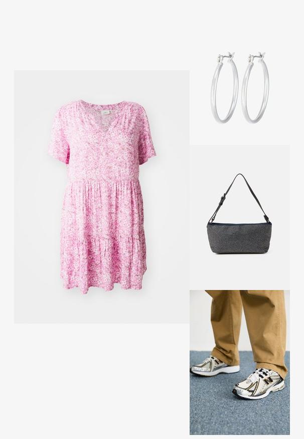 Vaate ruusunpunaisella kukkakuosisella mekolla, jossa on lyhyet hihat, V-pääntie ja kerroksellinen muotoilu. Valmistettu kevyestä kankaasta, jossa on pieniä valkoisia ja vihreitä kukkakuoseja.; Valkoiset ja hopeiset New Balance -lenkkarit, joissa on mustat yksityiskohdat ja nauhat, verkkomateriaali yläosassa, pehmeä pohja ja dynaaminen muotoilu.; Laukkua tummansinistä kangasta, jossa on teksturoitu hopeisten niittien kuvio, varustettuna yhdellä säädettävällä mustalla hihnalla ja suorakulmaisella muodolla.; Hope-silver rengas, joissa on sileä ja kiillotettu pinta. Pyöreä muoto ja turvallinen napsautettava lukitus. Kevyt muotoilu sopii päivittäiseen käyttöön.