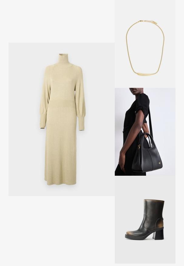 Adīta apģērba kleita mīkstā bēša krāsā ar augstu kaklu, gariem pufīgajiem piedurknēm un ribotu akcentu viduklī un piedurkņu beigās. Pusgarā dizainā.; Melnas ādas potītes zābaki ar spīdīgu apdari, noapaļota purngala forma, kontrastējoši brūni akcenti, bloks papēdis un sānu rāvējslēdzējs.; Melnas ādas rokassomi ar hobo formu, ar gludu tekstūru, noapaļotu augšpusi un zelta apdari.; Zelta apšuvuma kaklarota ar gludu, izliekta centrālo akcentu. Iekļauj elastīgu ķēdi ar homaru slēdzeni un papildu regulējamām ķēdes saitēm.