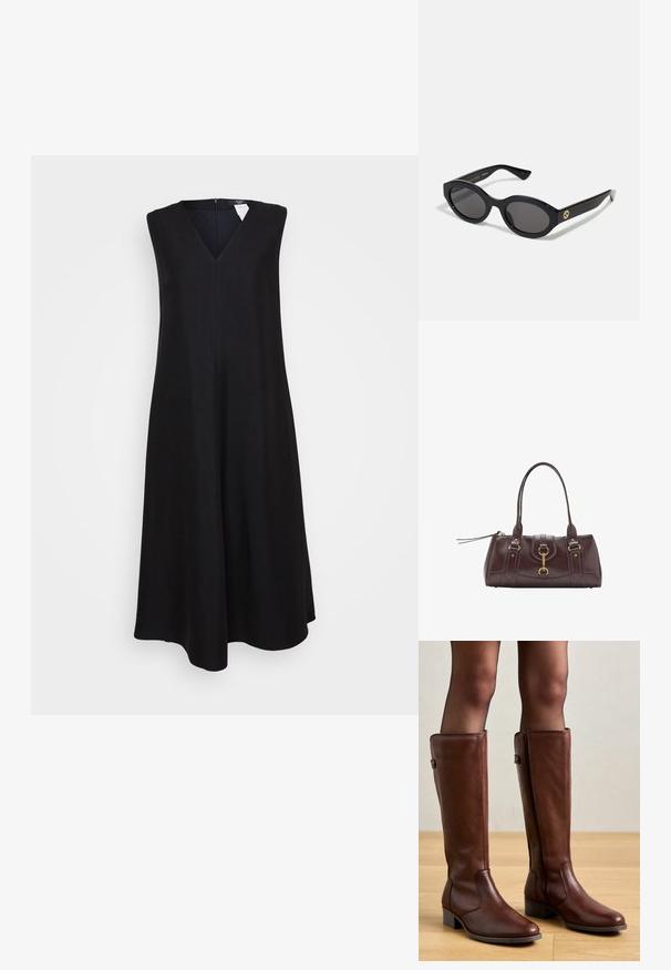 Černé bezramínkové šaty s výstřihem do V, rozšířeným střihem do A, délka ke kolenům a skrytým zipem na zadní straně. Hladká textura látky.; Anna Field LEATHER - Vysoká obuv - brown; Černé oválné sluneční brýle s tmavými skly a lesklým plastovým rámem. Obsahují zlaté logo na straně, které poskytuje elegantní a moderní design.; Tmavě hnědá kožená kabelka s dvěma horními držadly, zlatými kováními, detailním předním zapínáním a prošívanou texturou na bocích.