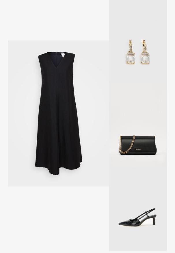 Juoda be rankovių suknelė su V formos iškirpte, platėjančiu A linijos siluetu, iki kelių ilgio ir paslėptu užtrauktuku nugaroje. Lygi audinio tekstūra.; Juodai lakuoti slingback aukštakulniai su smailiu nosiu, su tekstūruotu gyvatės raštu, reguliuojama juosta ir trumpu, tekstūruotu blokiniu kulnu.; Juodas odinis delninukas su auksine grandine, turintis lygų paviršių, stačiakampį išmatavimą ir įspaustą prekės ženklą priekyje.; Auksinės spalvos auskarai, kuriuose yra stačiakampis, skaidrus kristalas, kabantis po eile mažų, apvalių skaidrių akcentų. Šiuolaikiškas, modernus dizainas.