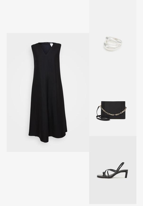 Vestito nero senza maniche con scollatura a V, forma ad A svasata, lunghezza al ginocchio e zip nascosta sul retro. Tessuto dalla superficie liscia.; Sandalo nero con cinturini, dalla punta squadrata e tacco basso a blocco. Presenta diversi cinturini sottili e una cinturini regolabile alla caviglia. Realizzato in pelle liscia.; Borsa a tracolla nera in pelle con una texture liscia, forma rettangolare e dettaglio in catena metallica sul davanti. Inclusa una tracolla regolabile.; Anello doppio in argento con superficie liscia e lucida. Presenta un design fluido e curvo con sezioni sovrapposte per un aspetto moderno.