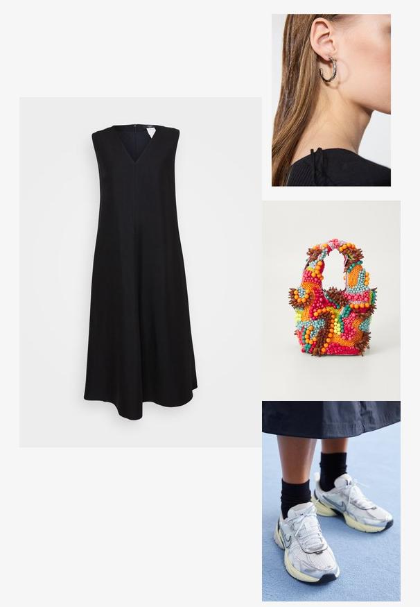 Mustat, hihattomat mekot, joissa on V-kuvioinen kaula-aukko, levenevä A-linja, polvenpituinen malli ja piilotettu takavetoketju. Sileä kangas.; Valkoiset ja hopeiset Nike-lenkkarit, joissa on verkkomateriaalia, heijastavia yksityiskohtia ja beige pohja. Käytetään mustien sukkien kanssa, seisten sinisellä pinnalla.; Käsiveski, mis on kaunistatud elavate värvidega: roosa, oranž, sinine ja pruun. Tekstuuriga pind ümmarguste helmed ja orgaanilised kujundid, vastupidavad käepidemed.; Hopea renkaankorvakoru kiiltävällä pinnalla, jossa on pieniä kultaisia yksityiskohtia ja pyöreä muoto, käytetty korvalla.