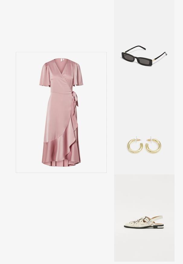 Haljina s mašnom u mekom ružičastom satenu, kratkim puf rukavima, vezanjem u struku i detaljima naboranog donjeg ruba za dodatnu teksturu.; Sandalice sa zatvaračem u bijeloj koži s višestrukim širokim trakama i srebrnim kopčama; ravni potplat s malim crnim potpeticama i metalnim akcentima.; Crne pravokutne sunčane naočale s tamnim lećama, sjajnim plastičnim okvirom i zlatnim akcentima na sljepoočnicama. Minimalistički dizajn i elegantan oblik.; Zlatne kružne naušnice s glatkom, sjajnom završnom obradom. Kružni dizajn s malom potporom i prozirnom podlogom za sigurno nošenje.