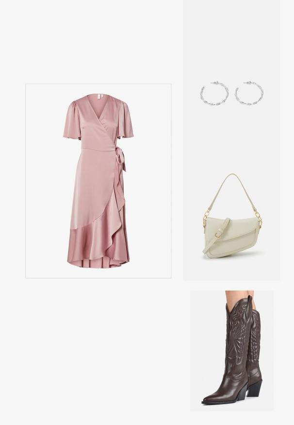 Zavita obleka iz mehkega roza satena s kratkimi pufastimi rokavi, s pasom, ki se zaveže, in robom z nabranjem za dodatno teksturo.; Rjave usnjene kavbojske čevlje z ostrim nosom in blok peto, ki vsebujejo podrobno šivanje in dvignjene dodatke na zgornjem delu.; Mala kremna torbica z teksturiranim zaključkom, dolgim nastavljivim trakom, verižnim poudarkom in zapiranjem na poklop. Detajli iz zlatega kovinskega materiala.; Srebrni uhani v obliki obročka s spiralnim dizajnom, ki imajo sijajno površino in zapiralo na zadnji strani. Mere znašajo približno 3 cm v premeru.