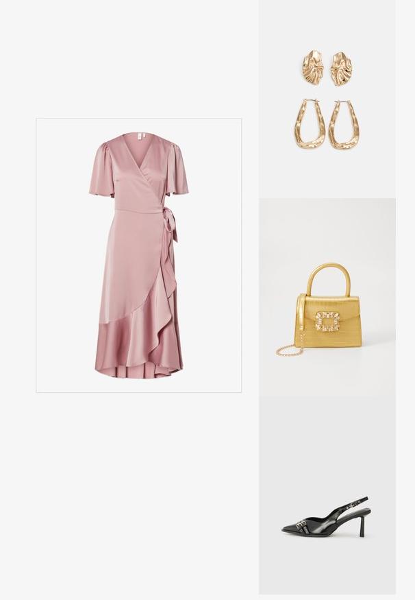 Vestido envolvente em satém rosa suave com mangas curtas bufantes, um laço na cintura e uma barra com detalhes em babados para adicionar textura.; Sapato slingback preto em pele patentada com bico apontado, tiras no tornozelo apresentando fivelas e acessórios prateados, e um salto elegante.; Bolsa amarela em pele de crocodilo falsa, com um design estruturado, pega no topo, alça de corrente removível e decoração de cristal no fecho.; Brincos em tom de ouro com formas onduladas e texturizadas. Inclui studs escultóricos com presilha e um design de argola aberta com um acabamento martelado.