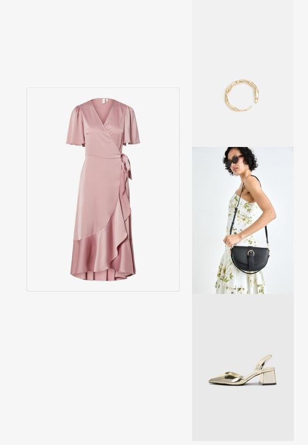 Haljina s mašnom u mekom ružičastom satenu, kratkim puf rukavima, vezanjem u struku i detaljima naboranog donjeg ruba za dodatnu teksturu.; Zlatni metalik slingback sandali s šiljatim vrhom i debelim potpeticama. Glatka tekstura, minimalistički dizajn i uski remen.; Crna kožna torba s lukovitim oblikom, odvojivim remenom i zlatnim detaljima. Torba ima preklop s kopčom.; Prsten u zlatnoj nijansi s organskim, uvijenim dizajnom, glatkom teksturom i suženim krajevima, koji stvara moderan, skulpturalni izgled.