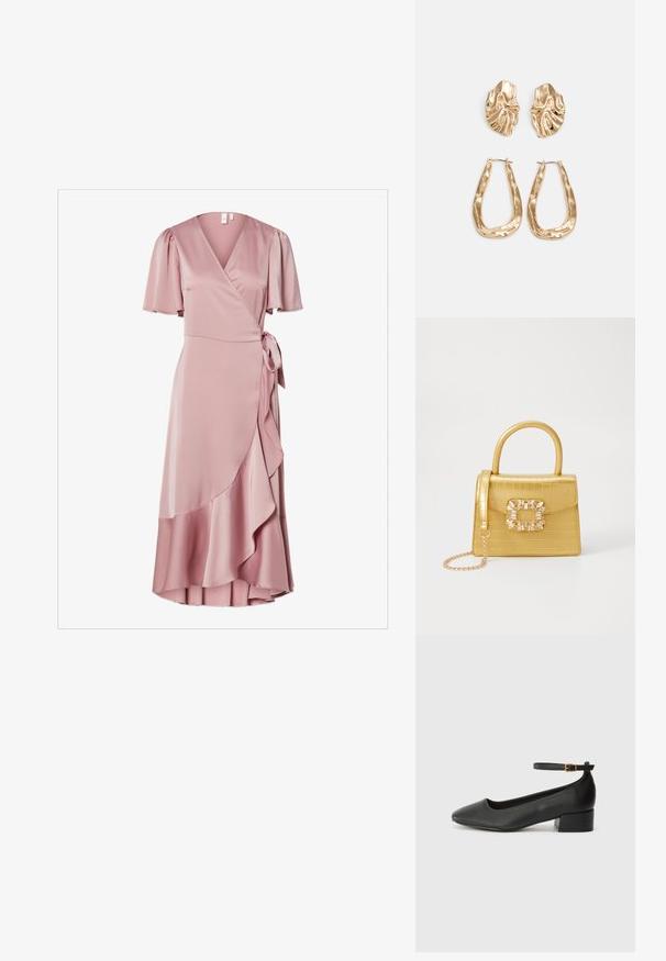 Švelnios rožinės satino suknelės apvalkalas su trumpomis pūstomis rankovėmis, juosmens surišimu ir volanėlių detalėmis apatinėje dalyje, suteikiančiomis papildomą tekstūrą.; Juodas odinis aukštakulnis batelis su smailiu pirštu ir žemu bloku. Su kulkšnies dirželiu su auksinės spalvos sagtimi. Lygus paviršius.; Geltonas dirbtinės krokodilo odos rankinukas su standžiu dizainu, viršutine rankena, nuimamu grandininiu dirželiu ir dekoratyviniu krištolo papuošimu ant užsegimo.; Auksinės auskarai, turintys tekstūruotus, bangų formos elementus. Įeina skulptūriniai segami auskarai ir atviri lankai su išmuštu paviršiumi.