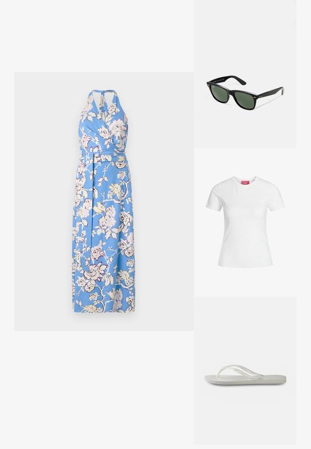 Mėlyna gėlių suknelė apvyniojimo stiliumi su halter tipo kaklu, liemens juosta ir ilgu, plazdančiu dizainu, puošta didelėmis rožinėmis ir kreminėmis rožėmis ant lygios medžiagos.; Balta medvilninė marškinė su trumpomis rankovėmis ir apvaliu iškirpimu. Vidiniame kakle yra rožinė etikete. Lygi tekstūra.; Balti šlepetės su tekstūruota padu, turinčios plonas juosteles ir plokščią konstrukciją. Pagamintos iš gumos, su subtiliu logotipu ant pado.; Juodi plastikiniai saulės akiniai su žaliais objektyvais, kvadratiniais rėmeliais, sidabriniu akcentu ant antakio ir tekstūruotais šventyklų šakutėmis. Vidinėje šakutėje nurodyta prekės ženklo pavadinimas.; Juodas odinis rankų darbo rankinys su frinzuotomis detalėmis, auksine grandinės petneša ir išpjauto dizaino rankena. Pirmoje pusėje yra logotipo vieta.