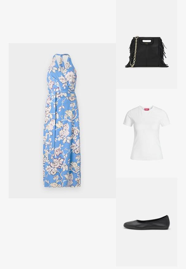 Sininen kukallinen kietaisumekko, jossa on kaula-aukko, vyötärösolmu ja pitkä, hulmuava muotoilu suuressa vaaleanpunaisessa ja kermansävyisessä ruusukuviossa sileässä kankaassa.; Valkoinen puuvillapaita, jossa on lyhyet hihat ja pyöreä pääntie. Sisäkauluksessa on vaaleanpunainen etiketti. Sujuva kangas.; Musta nahkainen ballerina, jossa on pyöristetty kärki, sileä pinta, minimaalinen ommelkoristelu ja joustava pohjamuotoilu.; Musta nahkakäekott, millel on frantsiisidetailid, kuldne õlgade rihm ja lõikega käepide. Ees on logo paigutus.