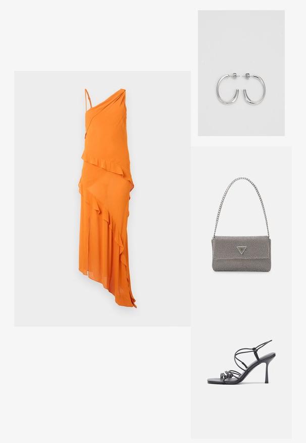 Orange asymmetrical dress with an elegant draped design, featuring a ruffled accent and thin adjustable straps. Smooth texture, lightweight fabric.; Black high-heeled sandals feature thin straps with a knotted design, a smooth square toe, and a sleek stiletto heel.; Light gray metallic handbag featuring a chain strap, embellished with small circular metallic studs and a triangular brand logo.; Silver hoop earrings with a smooth, shiny surface, featuring a curved shape and post-back closure. Minimalist design with a modern finish.