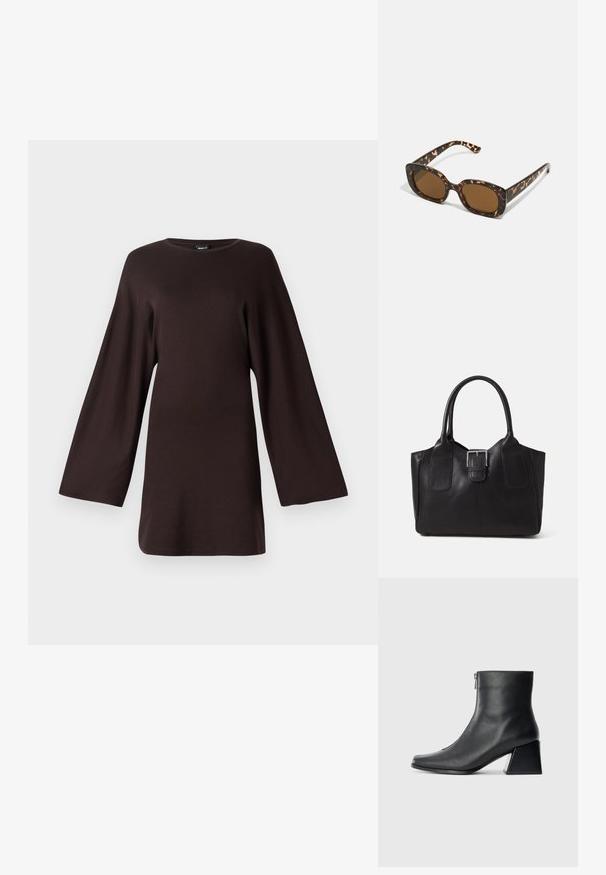 Tamsiai ruda ilgomis rankovėmis viršutinė dalis, laisva, plačios rankovės, apvalus iškirpimas ir švelnus audinio paviršius. Lygus paviršius be matomų raštų.; Juodas odinis kulkšninis botas su kvadratiniu pirštu, šoniniu užtrauktuku ir blokuotu kulnu, prieš lengvą paprastą foną.; Kare klasikinės saulės akinių rėmeliai su apvalia, didesne forma ir rudais objektyvais. Yra subtilių raštų ir tiesių, siaurėjančių šonų.; Juodas odinis nešiojamas krepšys su lygiu paviršiumi, struktūrine forma, dviem rankenėlėmis ir ryškiu sidabriniu sagties akcentu priekyje.