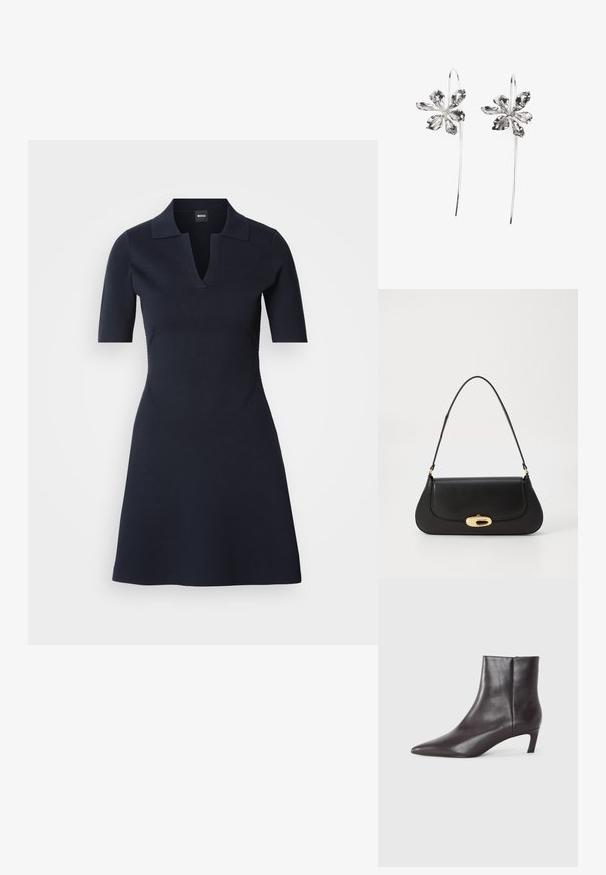 Tengerészkék rövidujjú pólóruha V-nyakkal, testhez simuló bodjival és bővülő szoknyával. Texturált anyagból készült, finom oldalsó varrással.; Fekete bőr bokacsizma hegyes orral és alacsony, macskaként hivatkozott sarkával, sima felülettel, oldalsó cipzárral, semleges háttér előtt bemutatva.; Fekete bőr táska ívelt kialakítással, arany színű fémrészletekkel és felső fogantyúval. Csúszásmentes záródás és sima textúra jellemzi.; Ezüst virágformájú fülbevalók, texturált felülettel, hosszú akasztókkal és szirmokra hasonlító részletekkel az összetett dizájn érdekében.