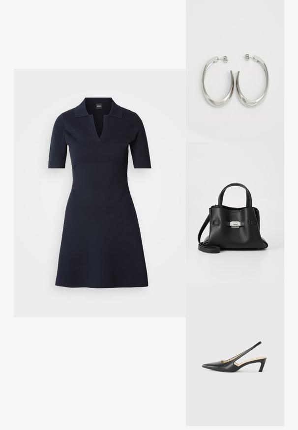 Námořnická modrá polo šaty s krátkým rukávem, V-výstřihem, přiléhavým korzetem a rozšířenou sukní. Vyrobeno z texturované látky s jemnými bočními švy.; Černý špičatý slingback s nízkým podpatkem, vyrobený z hladké kůže, s výřezem na boku pro lepší prodyšnost.; Černá kožená kabelka s texturovaným povrchem, vybavená dvěma horními uchy, odnímatelným ramenním popruhem a stříbrným detailem s uzávěrem.; Stříbrné kruhové náušnice s hladkým, zakřiveným designem. Vyznačují se lesklým kovovým povrchem a zapínáním na patent. Žádné viditelné vzory nebo akcenty.
