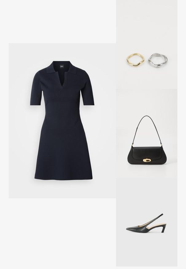 Tamsiai mėlynas trumpomis rankovėmis polo suknelė su V formos iškirpte, prigludusia kūno dalimi ir platėjančiu sijonu. Pagaminta iš tekstūruoto audinio su subtiliomis šoninėmis siūlėmis.; Juodas smailus slingback batelis su žemu kulnu, pagamintas iš lygaus odos paviršiaus ir su išpjovomis šone, užtikrinančiomis oro pralaidumą.; Juodas odinis rankinės su išlenktu dizainu, auksinių atspalvių furnitūra ir viršutine rankena. Savybės - stilingas uždarymas ir glotni tekstūra.; Rodomi du žiedai: vienas auksinis su lygiu, suktiniu raštu, o kitas sidabrinis su panašiu suktiniu kontūru, abu ant balto fono.