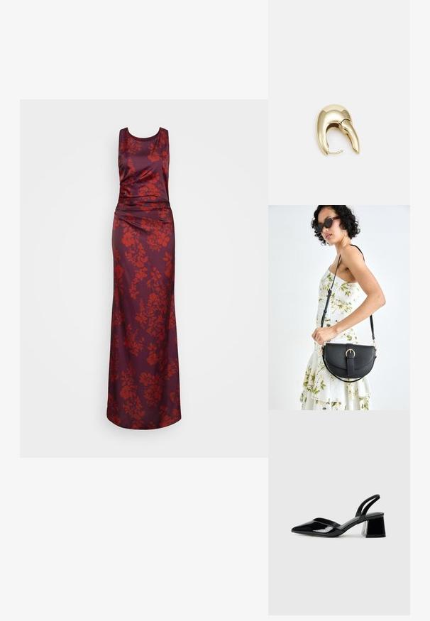 Duga haljina bez rukava od tamnocrvenog satena s cvjetnim uzorkom u crvenoj boji. Ima usku korzet i lepršavu suknju s teksturom.; Crne lakirane kožne sandale s otvorenom petom i špicastim vrhom, s geometrijskom blok petom. Imaju elegantan, minimalistički dizajn i glatku teksturu.; Crna kožna torba s lukovitim oblikom, odvojivim remenom i zlatnim detaljima. Torba ima preklop s kopčom.; Zlatne metalne naušnice s elegantnim, zakrivljenim dizajnom. Imaju karakterističan šiljast oblik, poliranu površinu i zatvaranje na šarku.