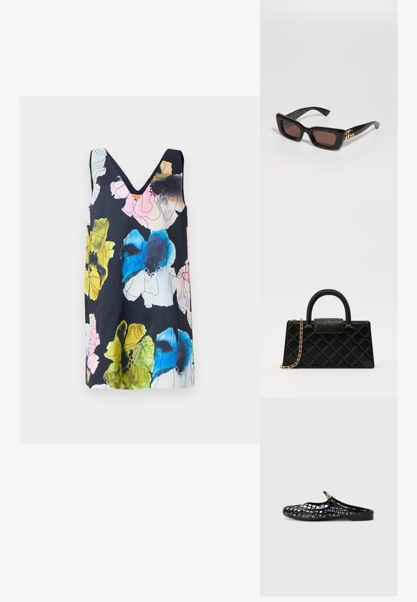 Αμάνικο φόρεμα με λουλούδια, που διαθέτει V-λαιμόκοψη, ζωντανά χρώματα όπως μπλε, κίτρινο και ροζ, σε σκοτεινό φόντο. Μαλακή υφή υφάσματος.; Tory Burch MELLOW MARY JANE - Μιουλ - perfect black/gold; Μαύρα γυαλιά ηλίου από τιρμπαζά με ορθογώνιους φακούς, καφέ απόχρωση, παχύ σκελετό και χρυσή λεπτομέρεια διπλού λογότυπου G στον βραχίονα.; Μαύρη τσάντα χειρός από υφή δέρματος, με διαμαντένιο σχέδιο, χρυσή αλυσίδα και λαβή στην κορυφή με κλείσιμο καπάκι με λογότυπο.