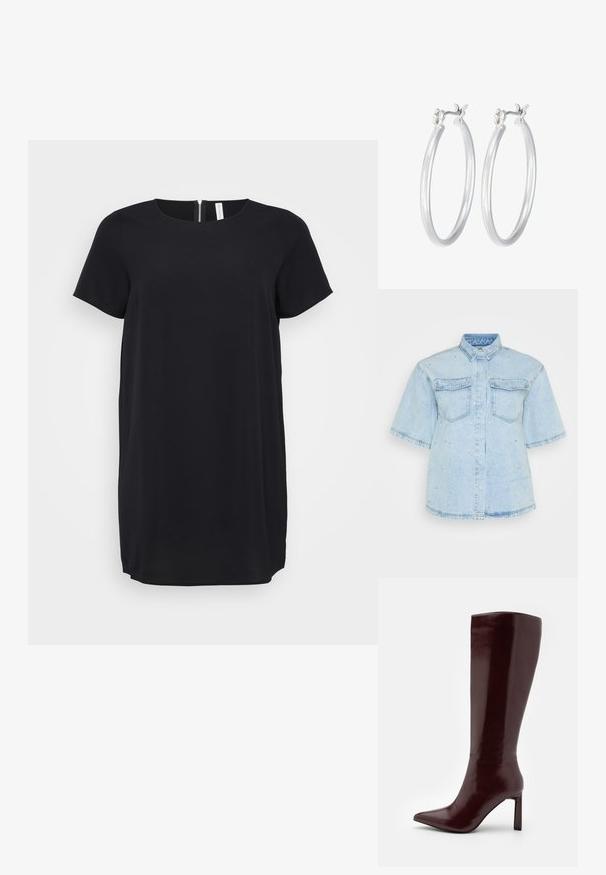 Abito nero a maniche corte con scollatura rotonda e cerniera invisibile sul retro. Realizzato in tessuto liscio con una linea dritta e orlo all'altezza del ginocchio.; Camicia di jeans azzurro chiaro con maniche corte, dotata di due tasche frontali e decorata con piccoli chiodini d'argento.; Even&Odd Stivali alti - dark red; Orecchini a cerchio in argento con una finitura liscia e lucida. Forma rotonda e chiusura a scatto sicura. Design leggero adatto per l'uso quotidiano.