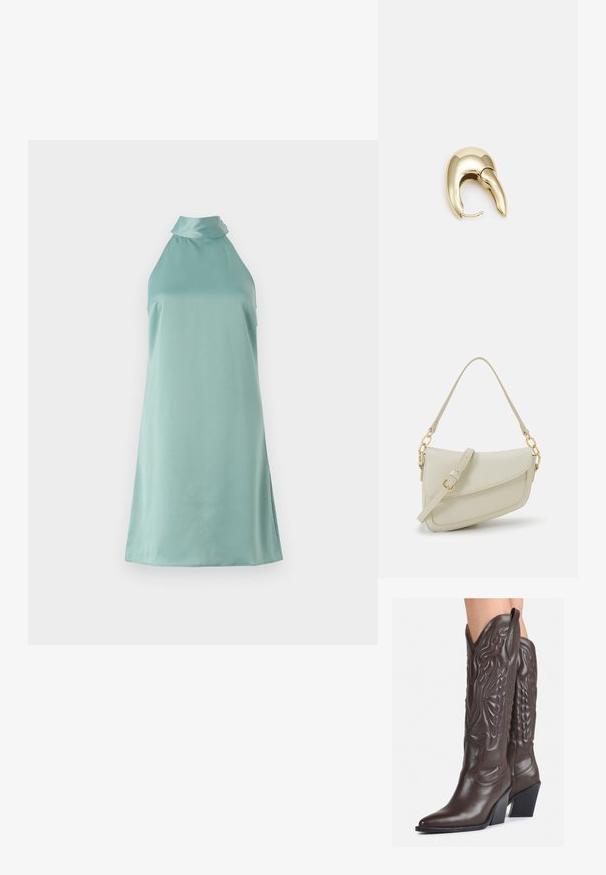 Bezrukávové, svetlo morské šaty s vysokým výstrihom a hladkou, saténovou textúrou, ktoré majú jednoduchý strih a bočné rozparky.; Hnedé kožené kovbojské topánky s špicatou špičkou a blokovým podrážkou, so zložitým prešívaním a vyvýšenými akcentmi na puzdre.; Malá krémová kabelka s textúrovaným povrchom, dlhým nastaviteľným popruhom, reťazovým detailom a klopovým uzáverom. Zlaté kovové prvky.; Náušnice z kovu v zlatej farbe s elegantným, zakriveným dizajnom. Majú charakteristický špicatý tvar, leštený povrch a uzáver na pánt.
