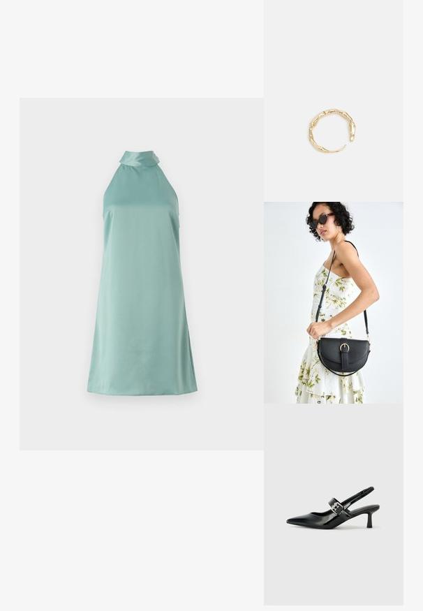 Bezrokavna obleka v svetlo zeleni barvi z visokim ovratnikom in gladko, satensko teksturo, ki se ponaša s preprosto silhueto in stranskimi razporki.; Črne patent usnjene slingback pete s koničastim nosom in majhnim blok peto, ki vključujejo srebrno zaponko na traku.; Črna usnjena torbica s ukrivljeno obliko, z odstranljivo naramnico in zlatimi dodatki. Torbica ima pokrov s podrobnostmi v obliki zaponke.; Zlati prstan s organskim, zvitim dizajnom, gladko površino in taperiranimi konci, ki ustvarja modernega, skulpturalnega videza.