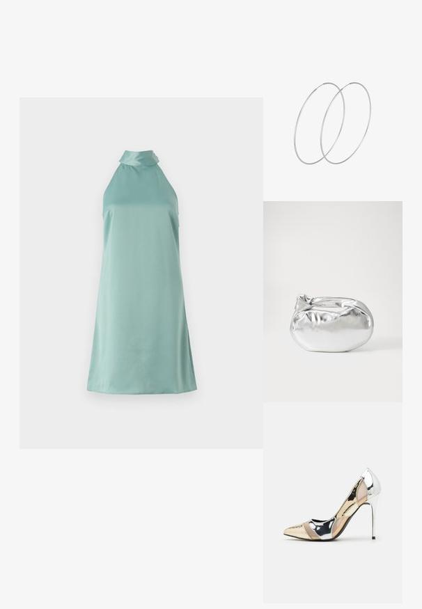 Kätseteta, helesinine kleit kõrge kaelusega ja sileda satäänilaadse tekstuuriga, millel on lihtne siluett ja külgedel lõhikud.; Kitsas toe kõrge kontsaga kingad, millel on hõbedane, kuldne ja nude värvilahendus. Läikiv viimistlus lõikekujundusega, stiletto konts.; Hõbedane metallikoti kott pehme, ümar kuju ja sõlme ülemise sulgemisega. Valmistatud siledast kunstnahast materjalist.; Hõbedased rõngastikkaehingad minimalistlikus disainis. Ümar kuju, sile tekstuur ja õhuke profiil. Kerged ning poleeritud viimistlusega.