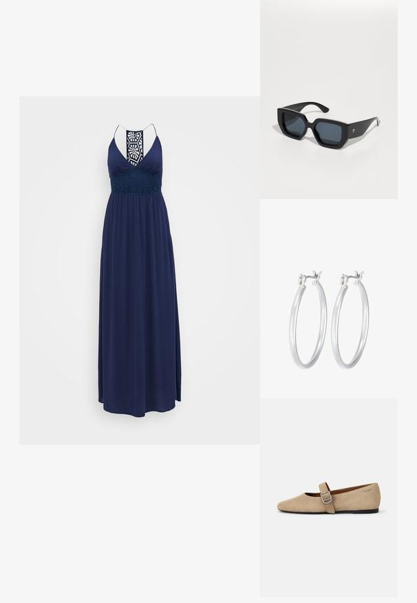 Marinblå maxiklänning med en djup V-ringning, tunna axelremmar och intrikata mönstrade spetsdetaljer vid midjan. Luftigt, mjukt tyg.; Beige mockaskinn Mary Jane-skor med spetsig tå och ett justerbart rem med en silverfärgad spänne. Svart platt sula.; Svarta överdimensionerade solglasögon med geometrisk design, rektangulära linser och blank yta. Ingen synlig märkning på framsidan.; Silverfärgade hoopörhängen med en slät, polerad yta. Rund form och säker klickstängning. Lättviktig design som passar för vardagligt bruk.